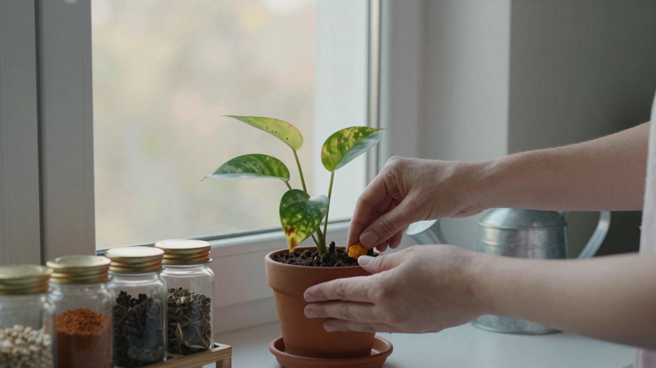 Mãos a plantar uma semente num vaso com planta junto a janela, ao lado de frascos com sementes.