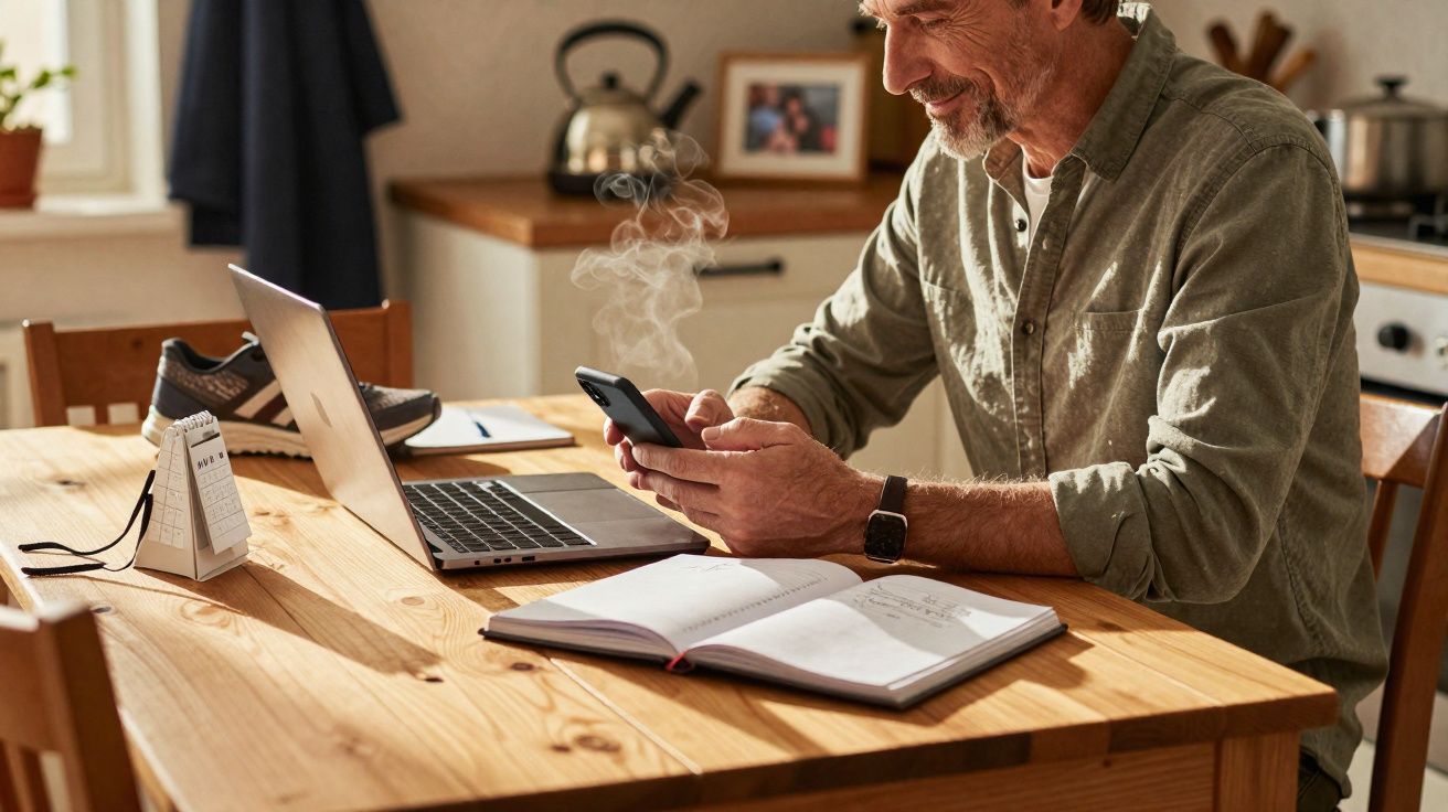 Homem sentado à mesa na cozinha a usar telemóvel com computador portátil e caderno aberto à sua frente.