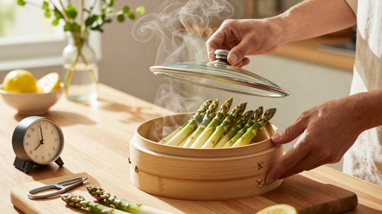 Mãos a levantar tampa de panela a vapor com espargos frescos a cozinharem na cozinha iluminada.