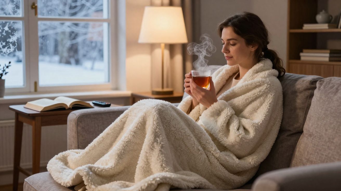 Mulher relaxa com chá quente em manta felpuda num sofá, junto à janela com vista para a neve.