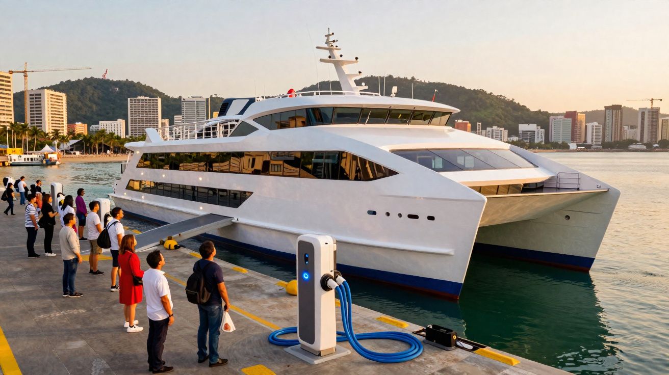 Catamarã branco atracado com pessoas a aguardar embarque num cais urbano ao pôr do sol.