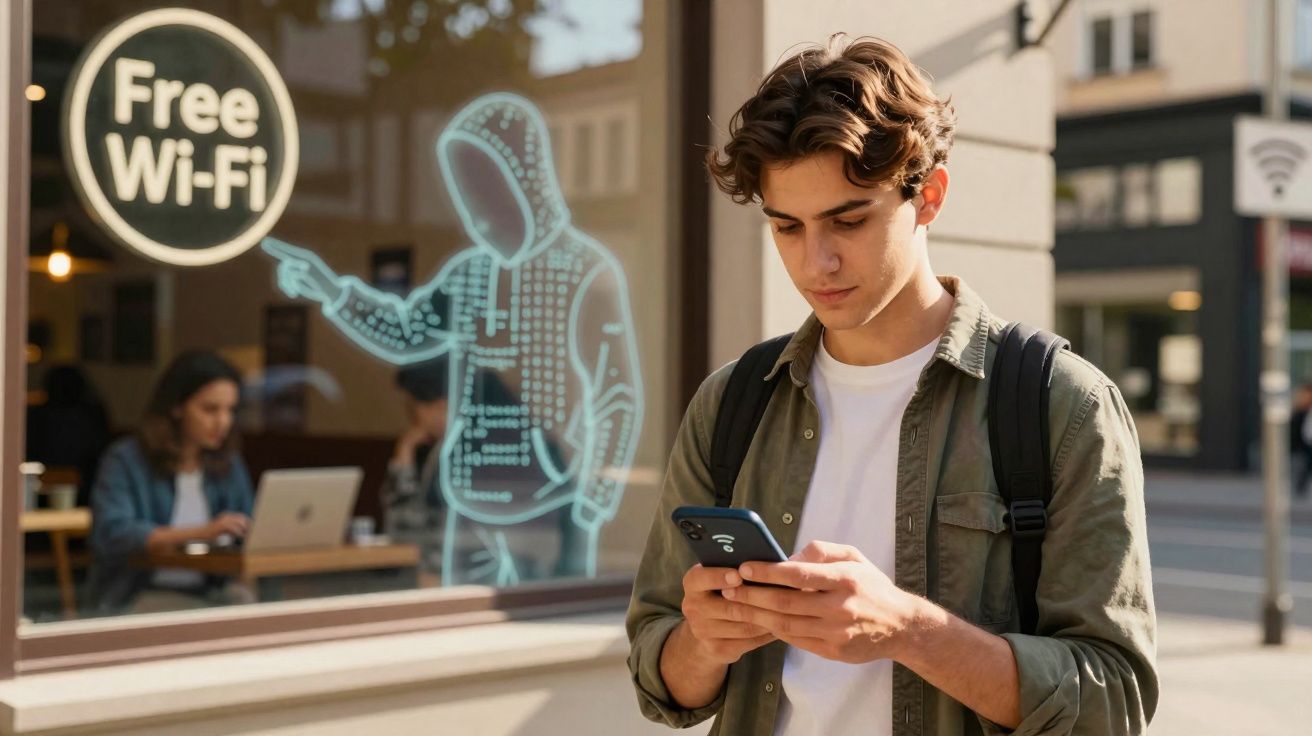 Jovem usa telemóvel numa rua em frente a um café com sinal de Wi-Fi grátis visível na janela.