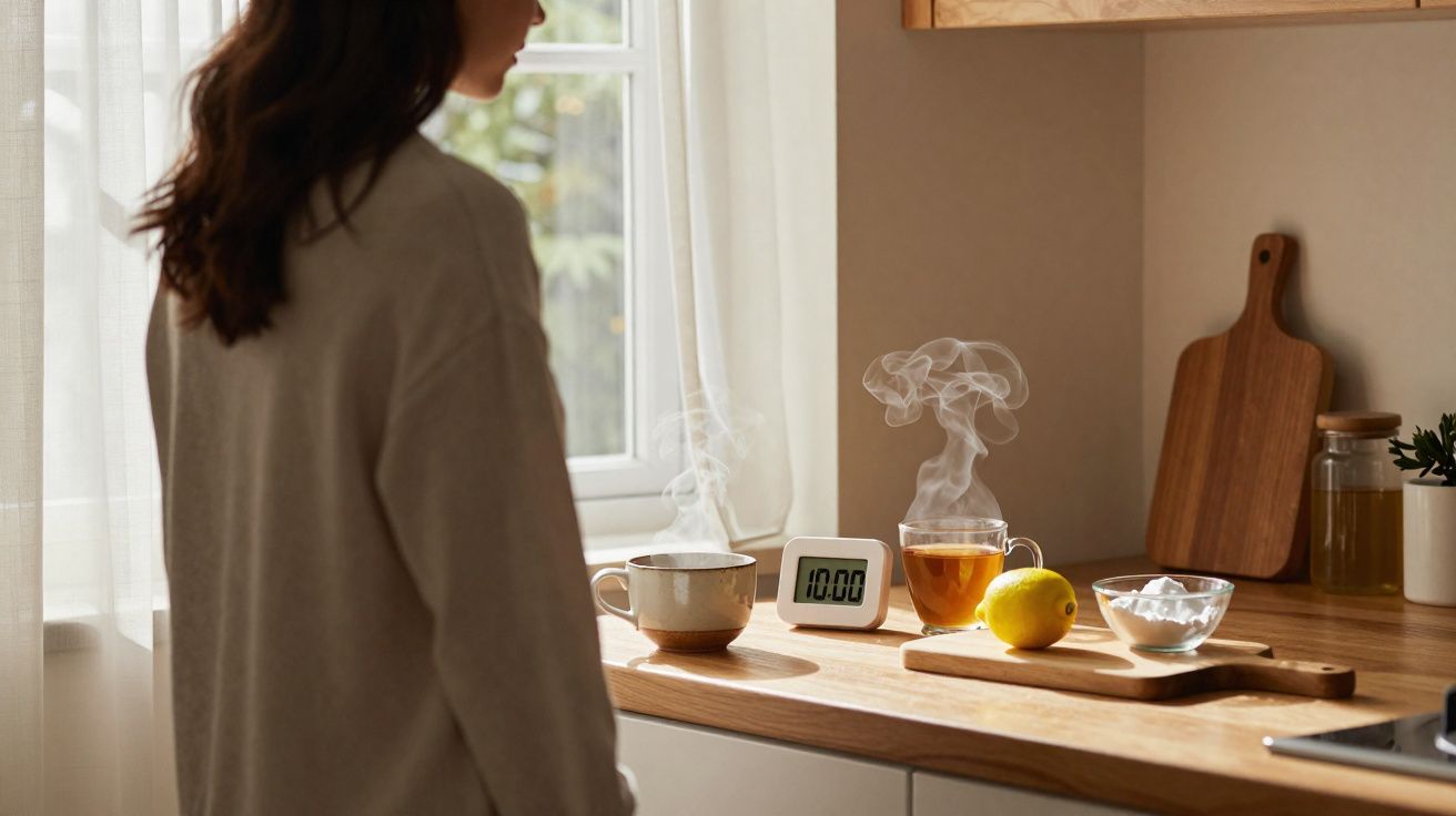 Mulher de costas numa cozinha iluminada a luz natural, com chá quente, limão e relógio digital na bancada.