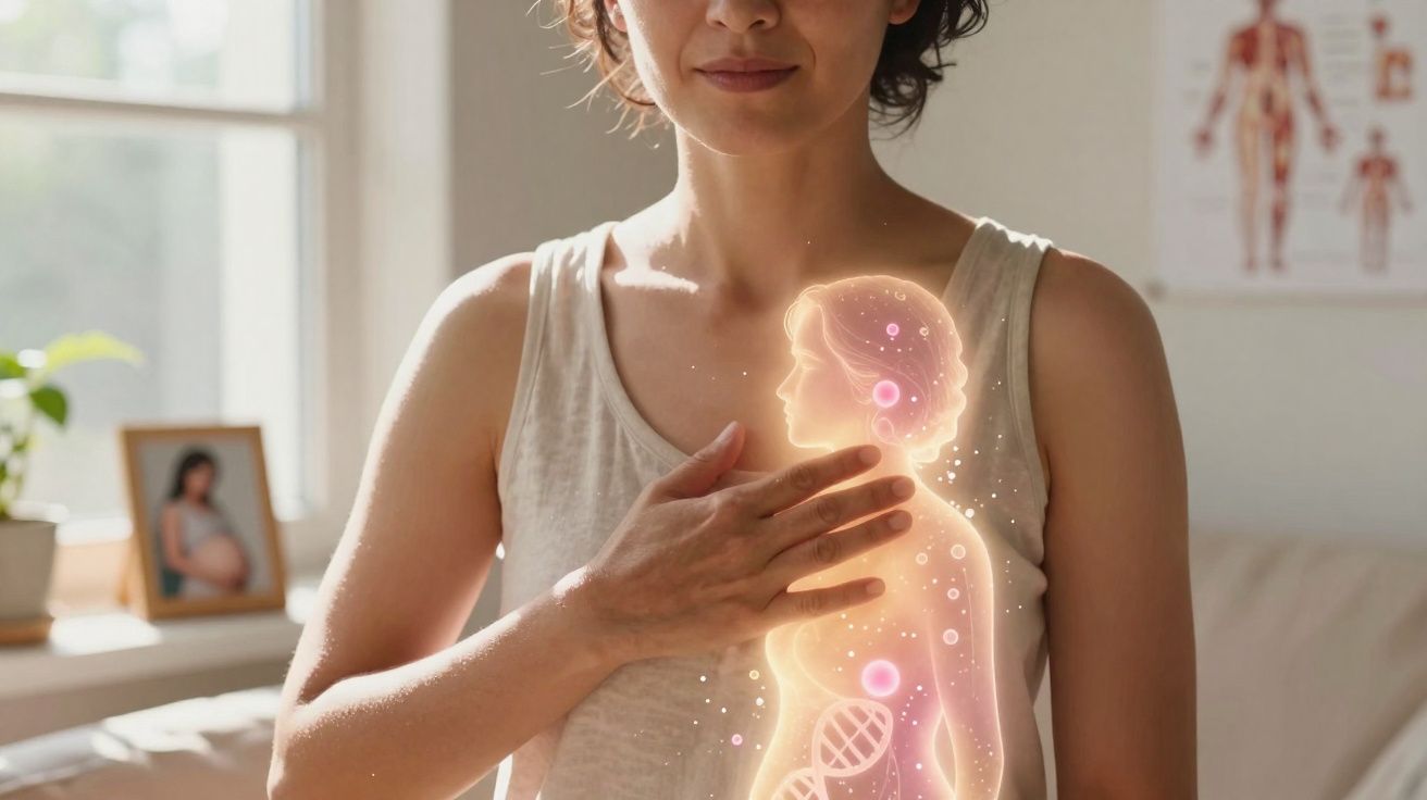 Mulher com mão no peito e ilustração digital de DNA e corpo feminino brilhante sobreposto.