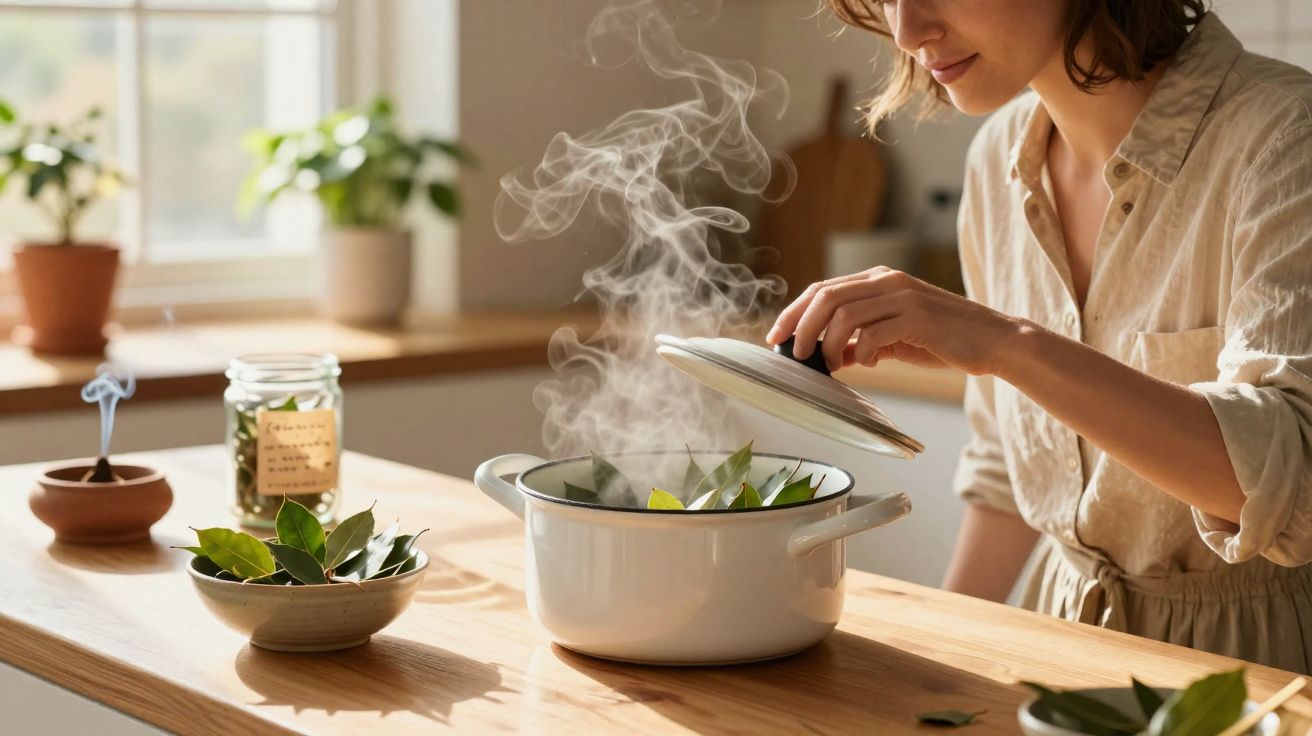 Mulher a levantar a tampa de panela com folhas a cozinhar, vapor a subir, ambiente acolhedor e luz natural.