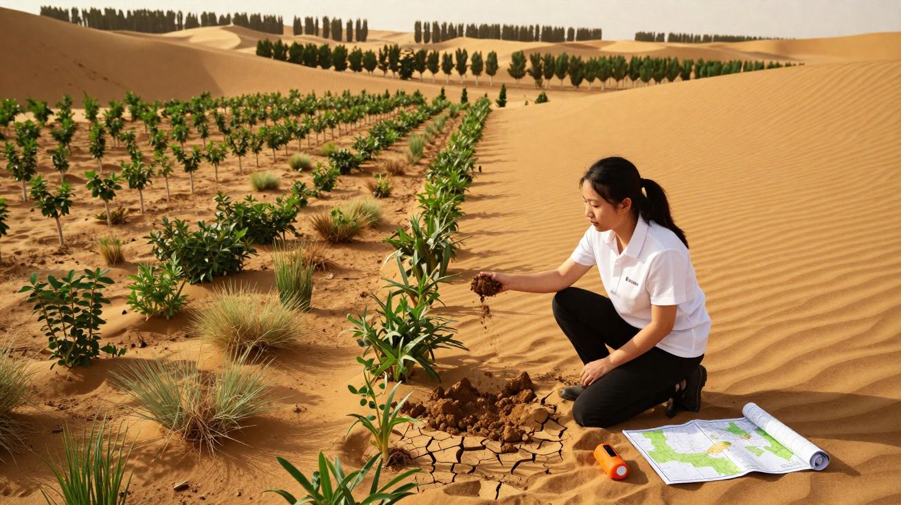 Mulher examina solo seco à beira de plantas em fileiras no deserto com mapas e ferramenta no chão.