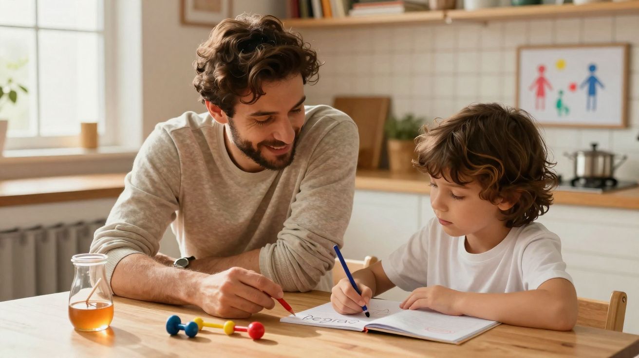 Homem e menino a estudar juntos numa mesa de cozinha iluminada pela luz natural.