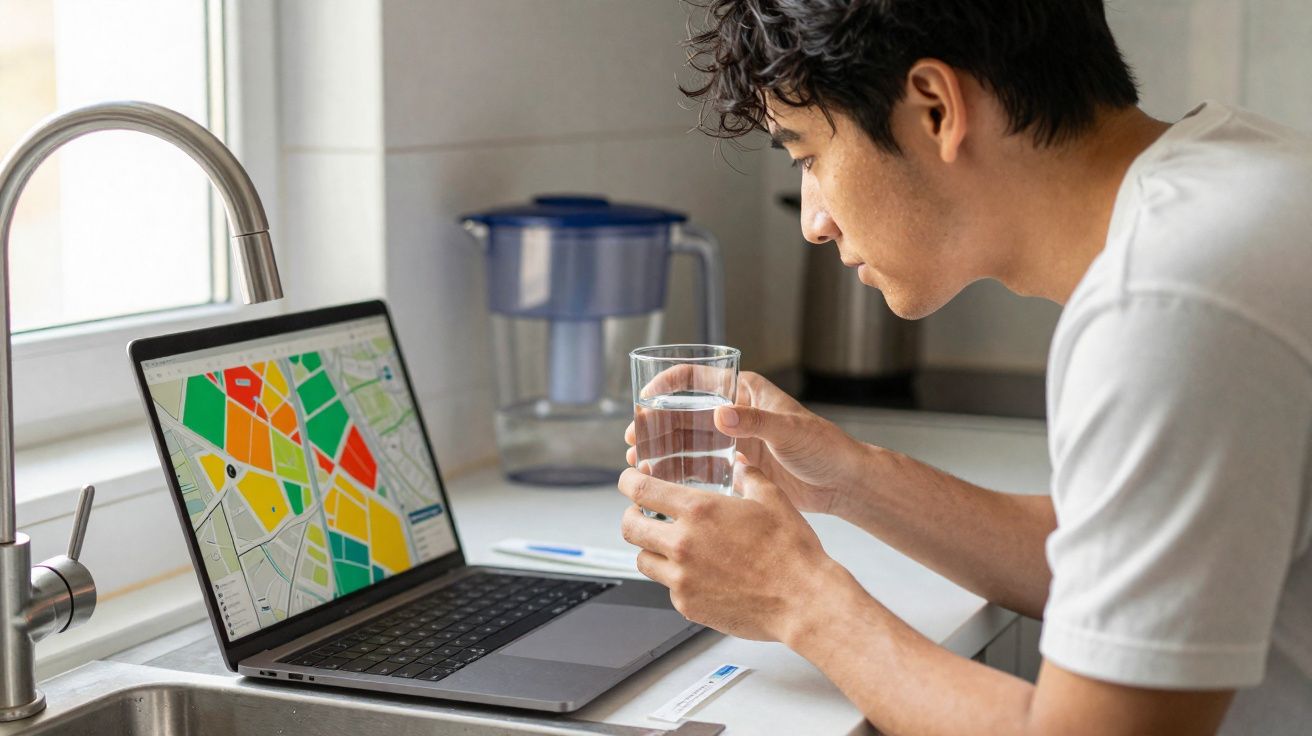 Homem consulta mapa no portátil enquanto segura copo de água numa cozinha junto a uma pia e jarro.