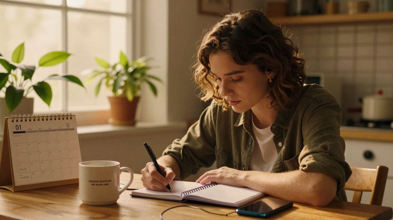 Mulher sentada a escrever num caderno numa mesa com caneca, telemóvel e calendário ao fundo.