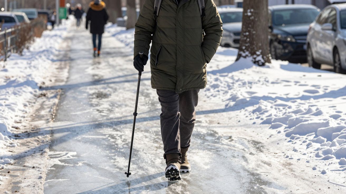 Pessoa a caminhar sobre calçada gelada e coberta de neve com bastão para caminhada, numa rua com carros estacionados.