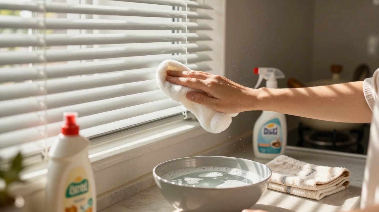 Mão a limpar persiana branca junto a janela com pano branco e produtos de limpeza na bancada.