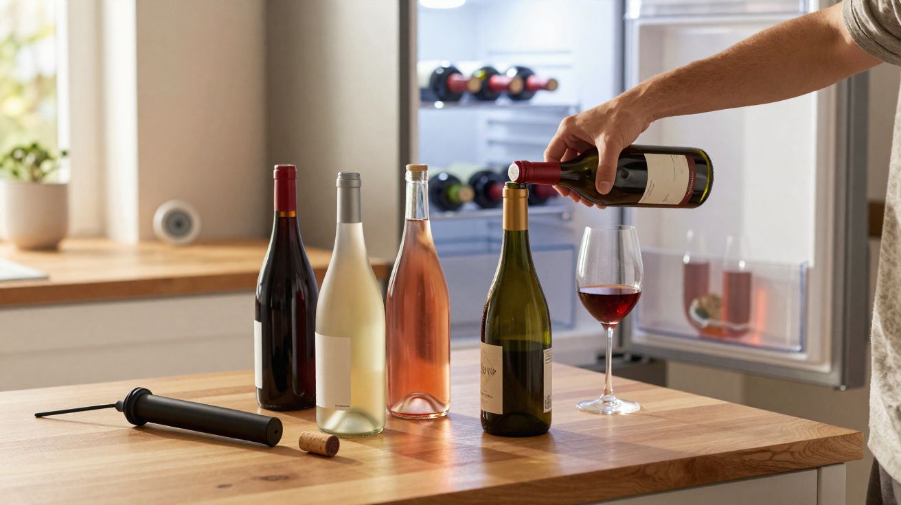 Pessoa a servir um copo de vinho tinto, com garrafas variadas de vinho numa cozinha moderna.