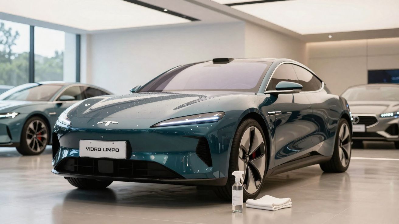Carro elétrico azul brilhante num showroom moderno com produtos de limpeza no chão.