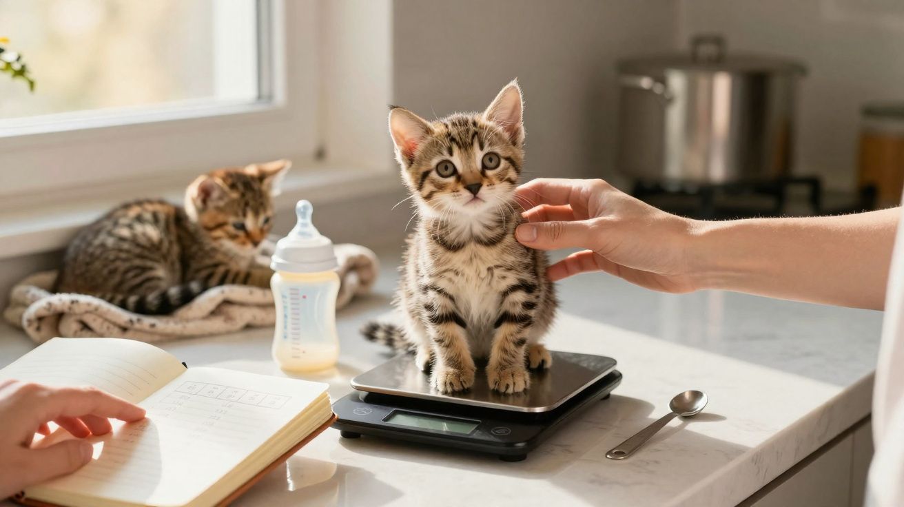 Dois gatinhos tigrados numa cozinha, um sentado numa balança digital e outro sobre uma toalha junto a um biberão.