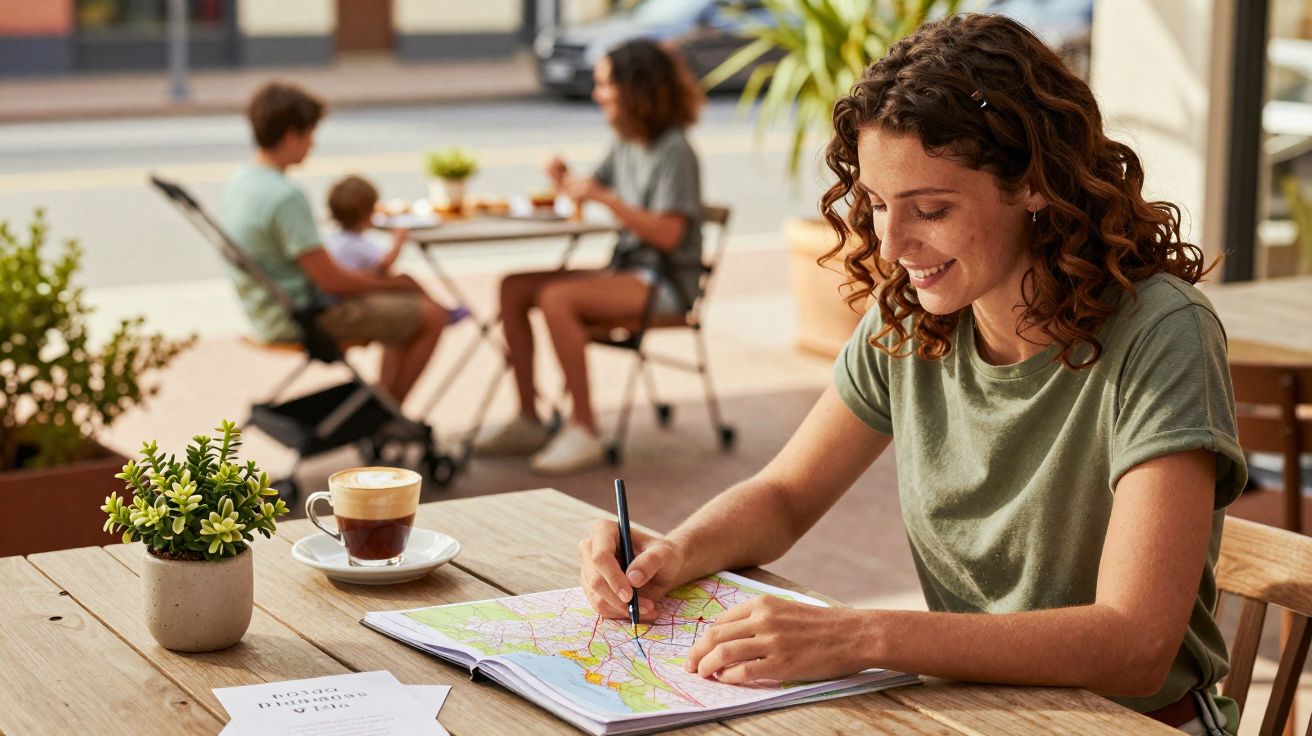 Mulher sorridente a marcar um mapa numa mesa de café, com família ao fundo num ambiente exterior.