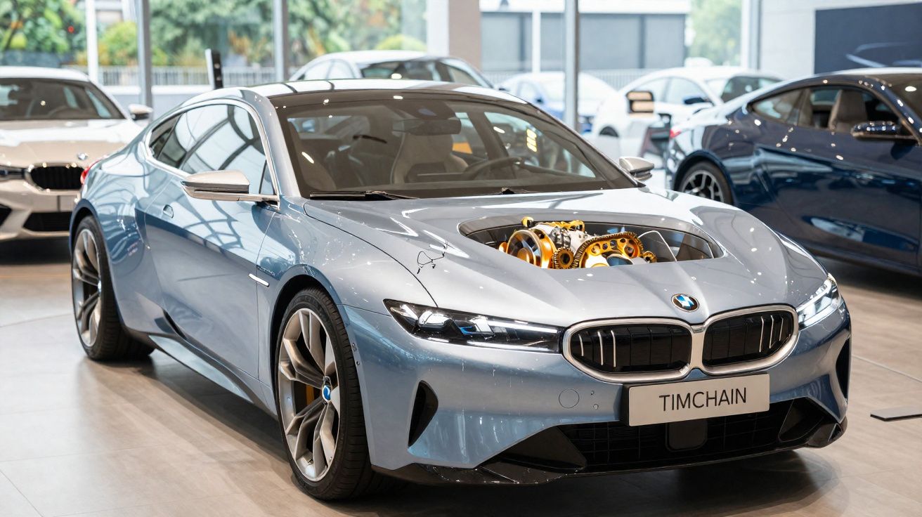 Carro desportivo cinza prateado BMW com capô transparente mostrando peças do motor expostas em exposição.