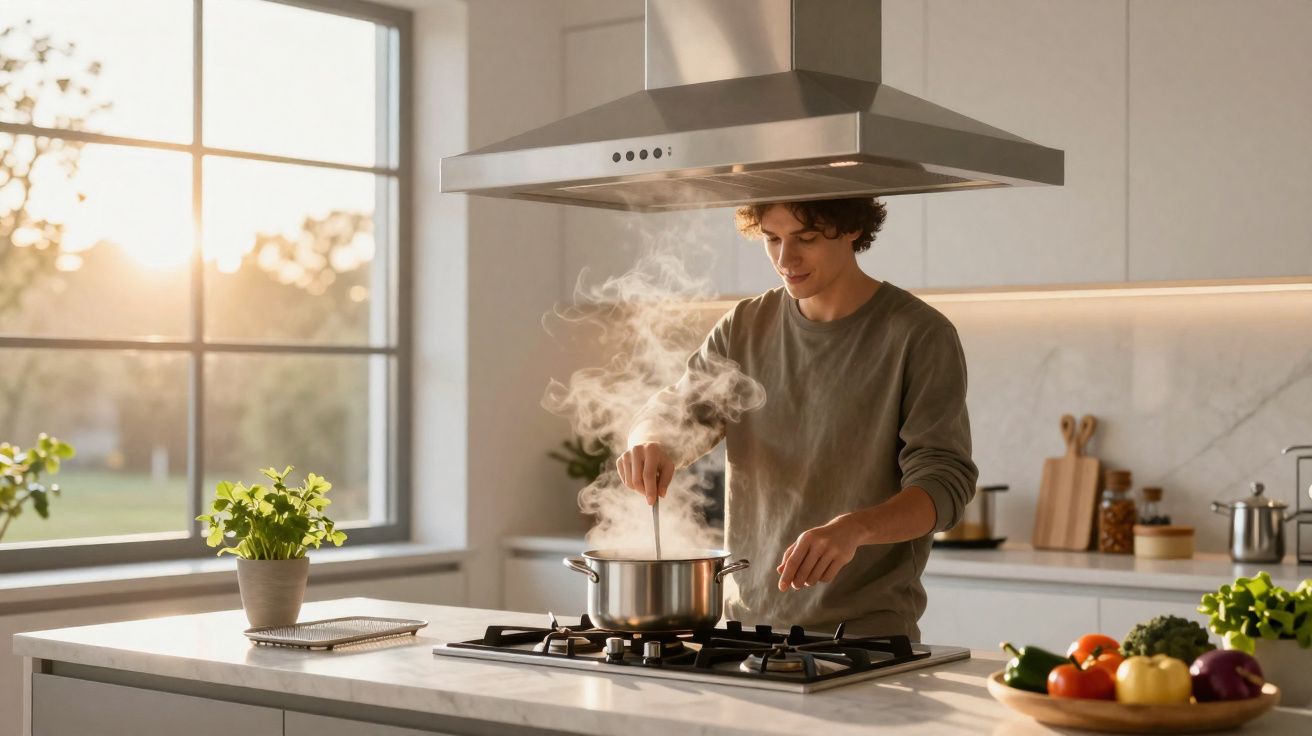Jovem a cozinhar num tacho fumegante numa cozinha moderna com luz natural pela janela.