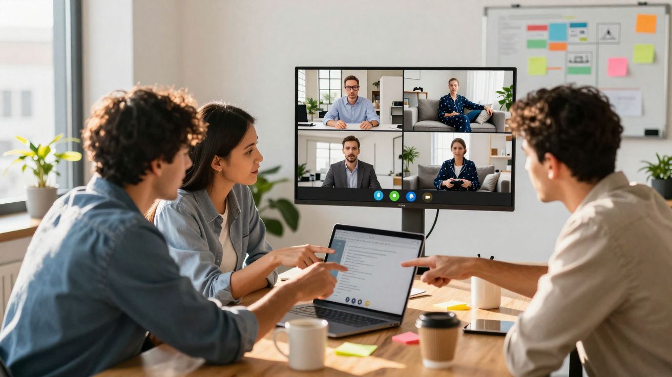 Três pessoas reúnem-se presencialmente com outros quatro em videoconferência num escritório iluminado.