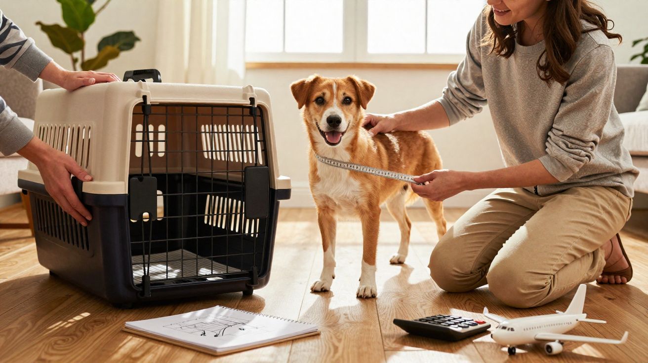Pessoa a medir um cão com fita métrica junto a uma transportadora e aviões de brinquedo.