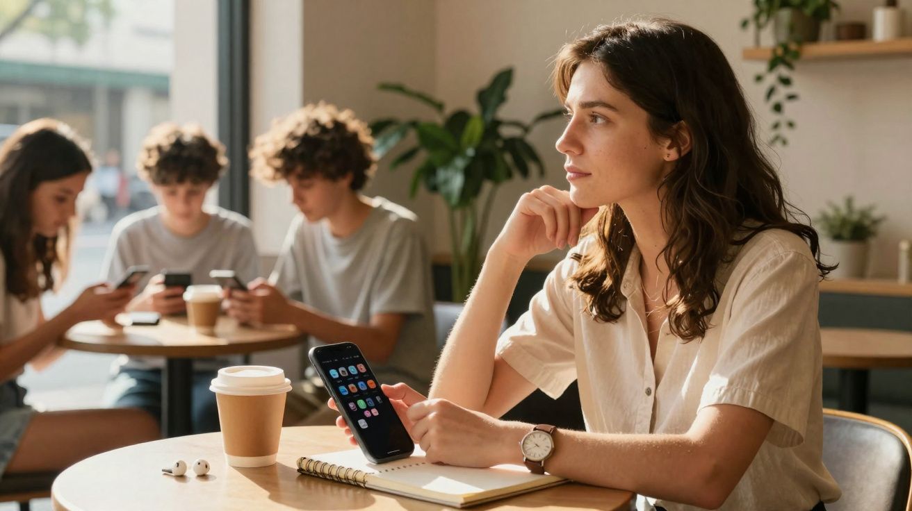 Jovem mulher sentada à mesa de café, olhando para o lado, segurando telemóvel com pessoas ao fundo usando telemóveis.