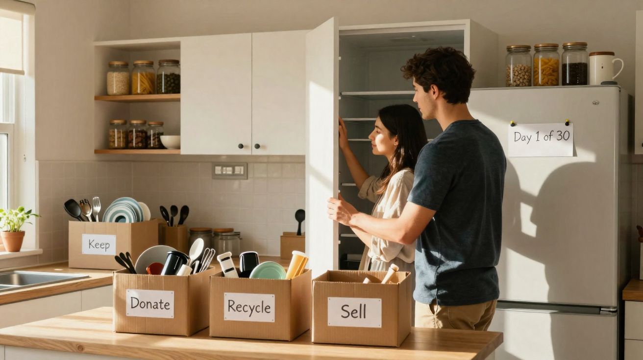 Casal a organizar cozinha com caixas para manter, doar, reciclar e vender utensílios.