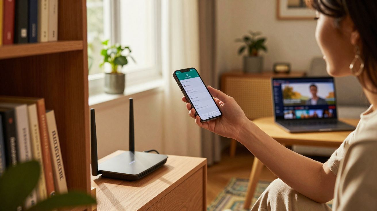 Pessoa segurando smartphone com app aberto, router e computador portátil num ambiente doméstico.