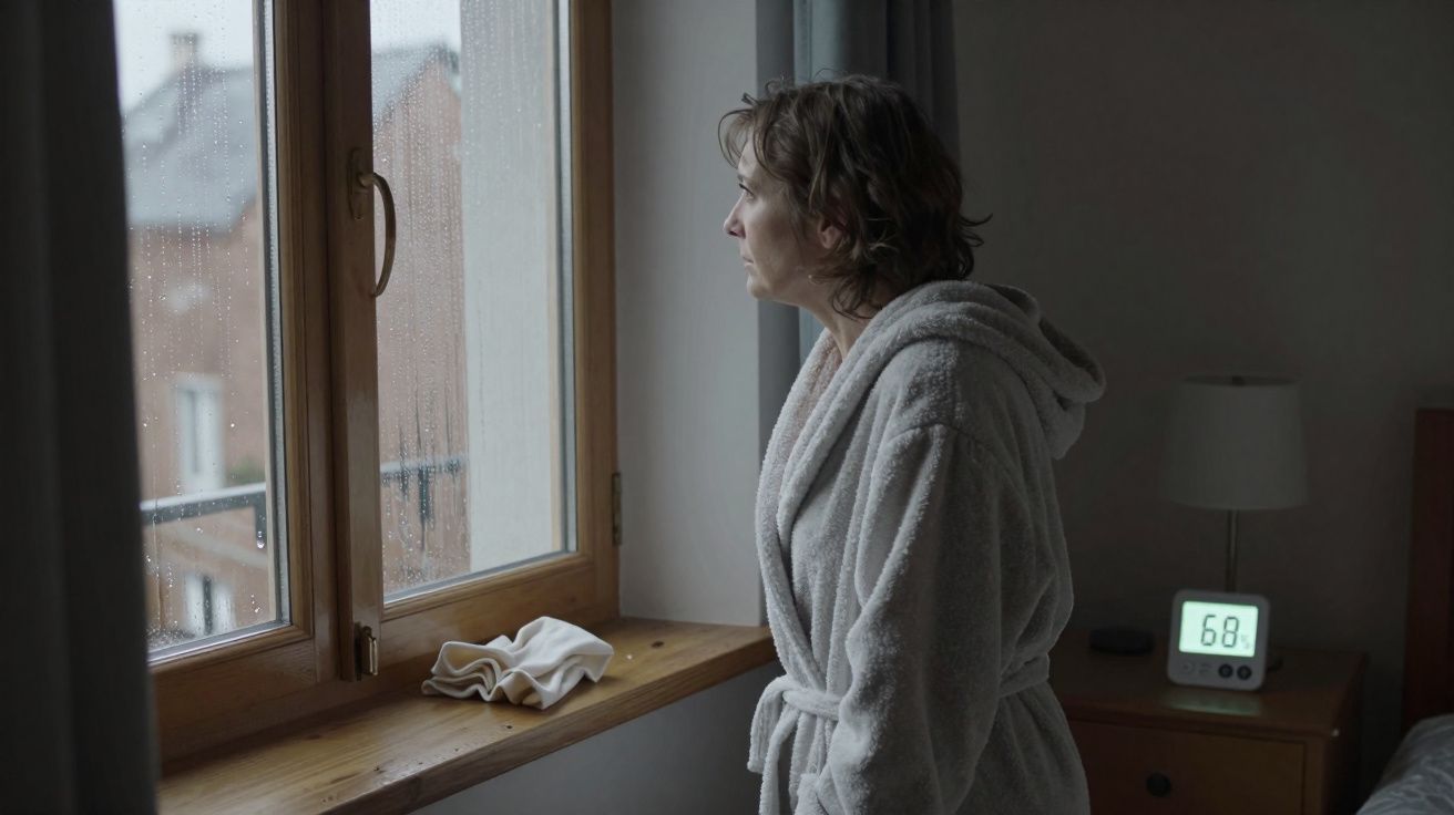 Mulher com roupão branco olha pensativa pela janela húmida num quarto escuro e simples.