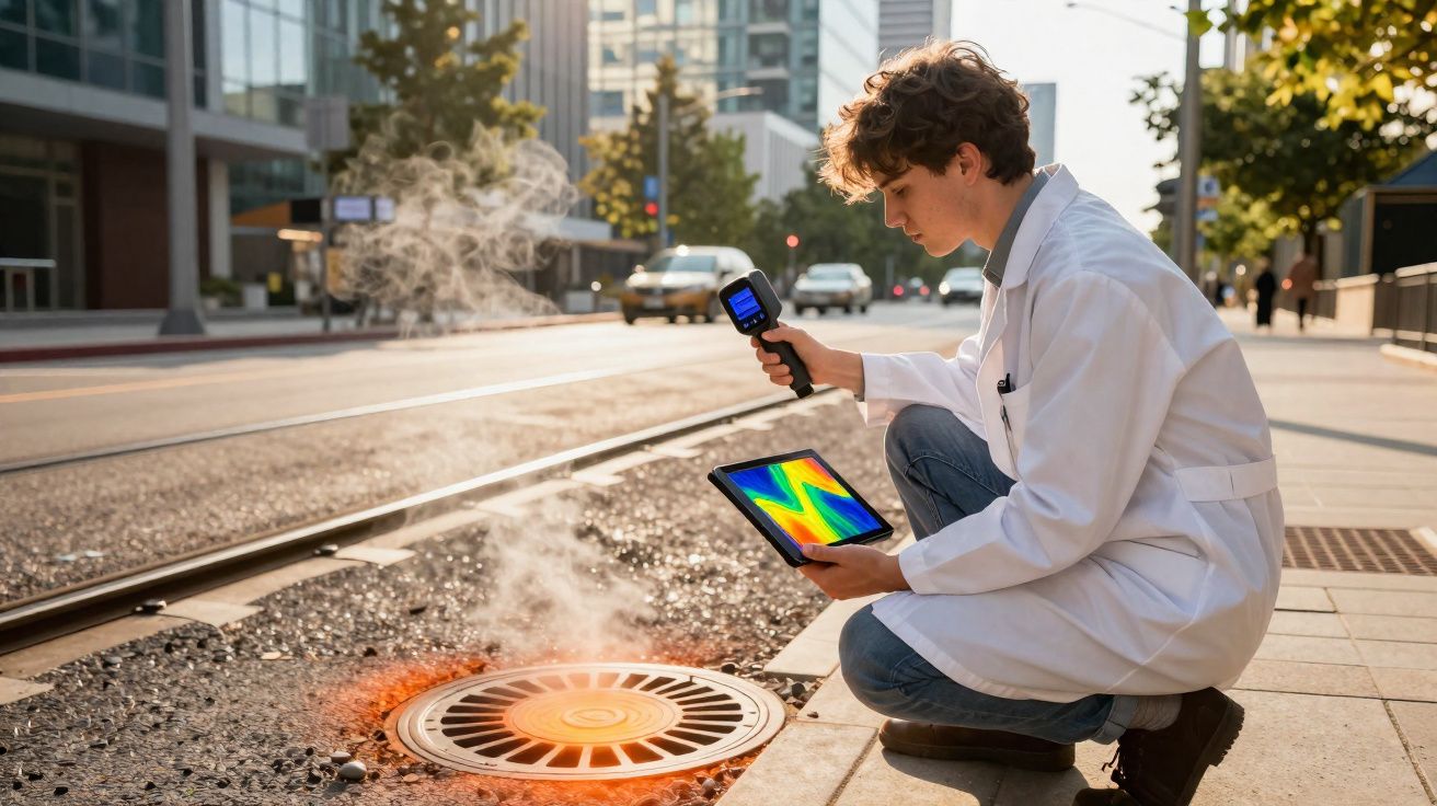 Homem com bata branca usa termómetro e tablet para medir o calor num bueiro numa rua urbana.