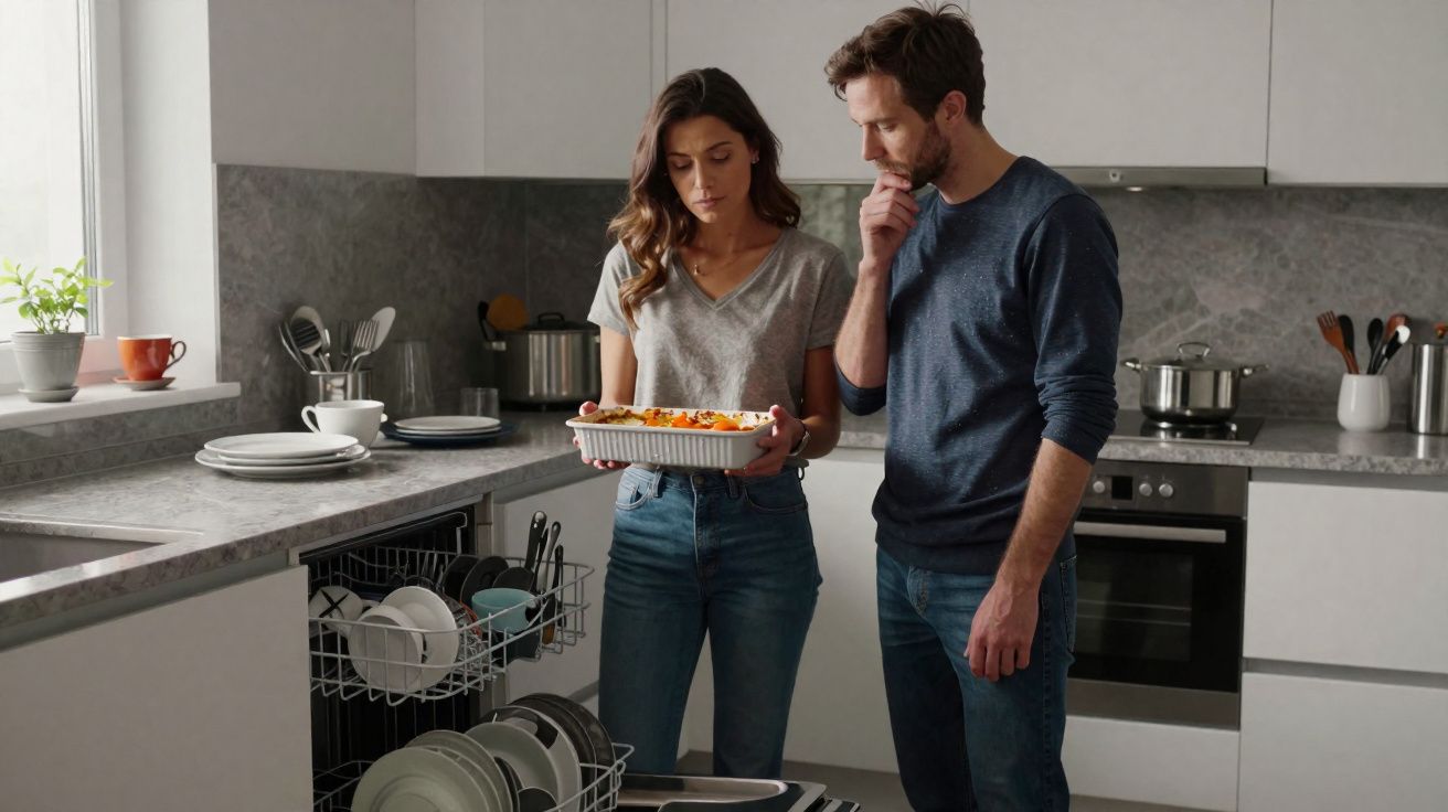 Casal na cozinha a inspeccionar um prato de comida recém-cozinhado junto à máquina de lavar loiça aberta.