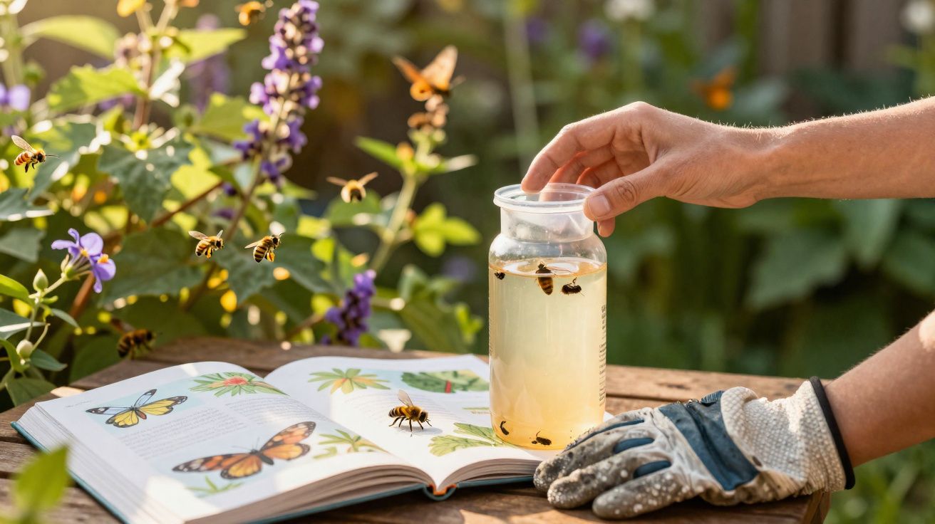 Mãos segurando frasco com abelhas perto de livro aberto sobre borboletas, em jardim com flores e abelhas a voar.