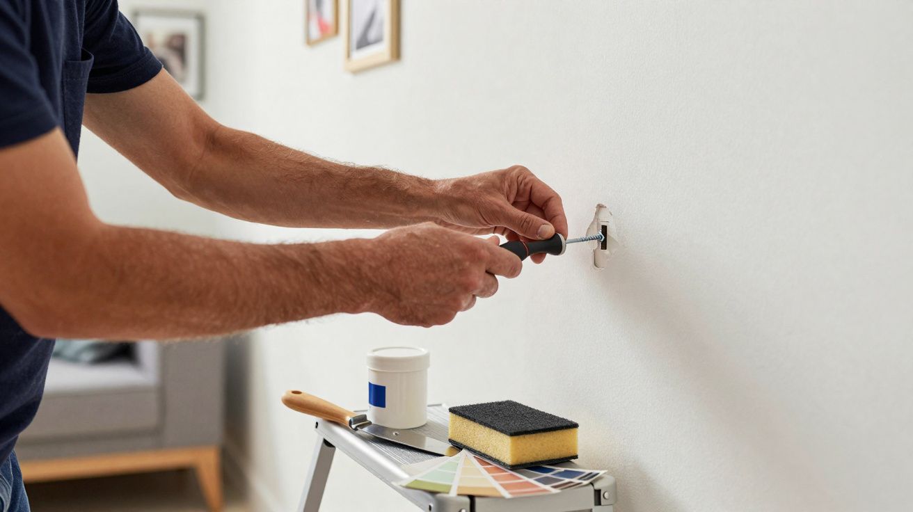 Pessoa a instalar tomada elétrica numa parede branca com ferramentas e amostras de cor à frente.