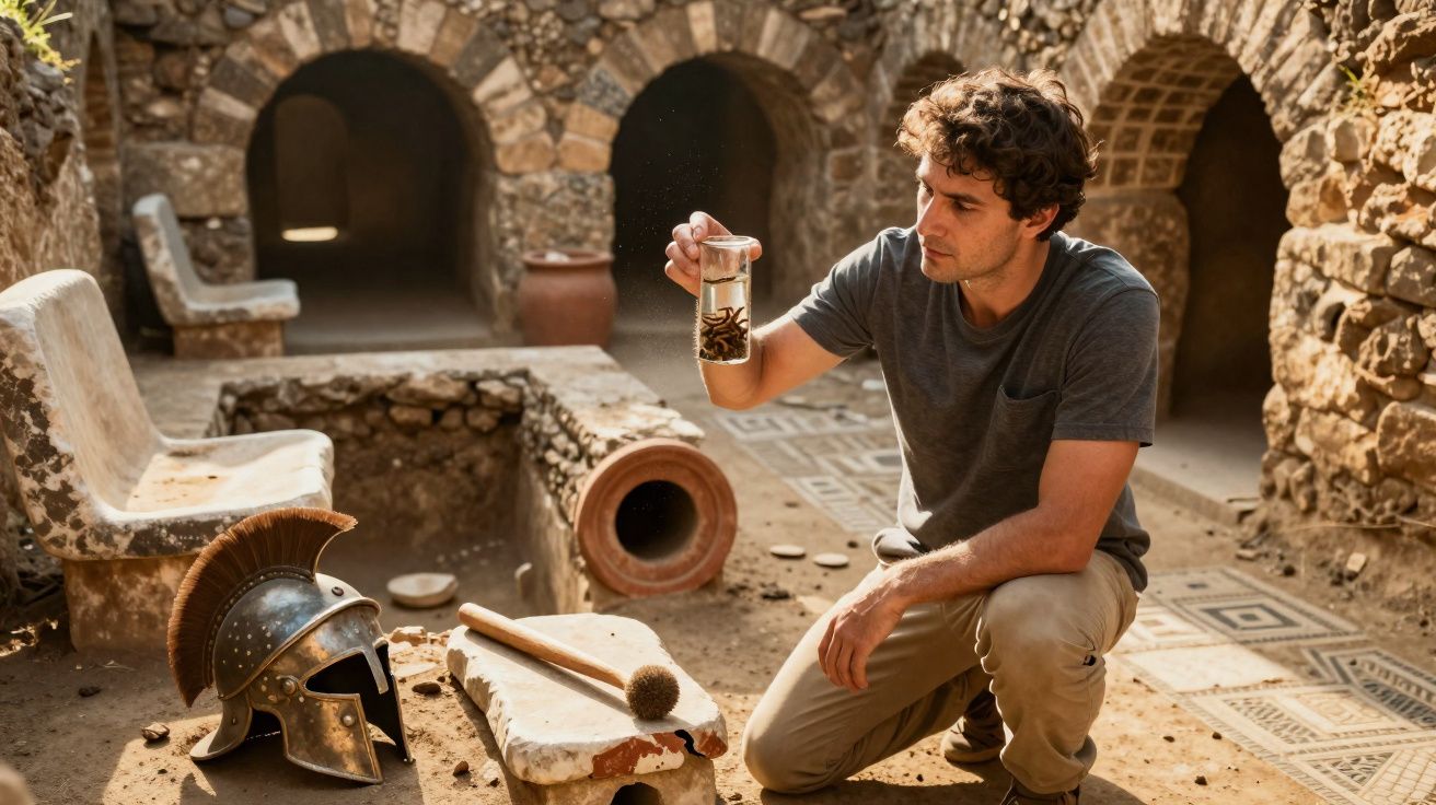 Homem a analisar artefacto arqueológico num sítio com ruínas e mosaicos antigos.