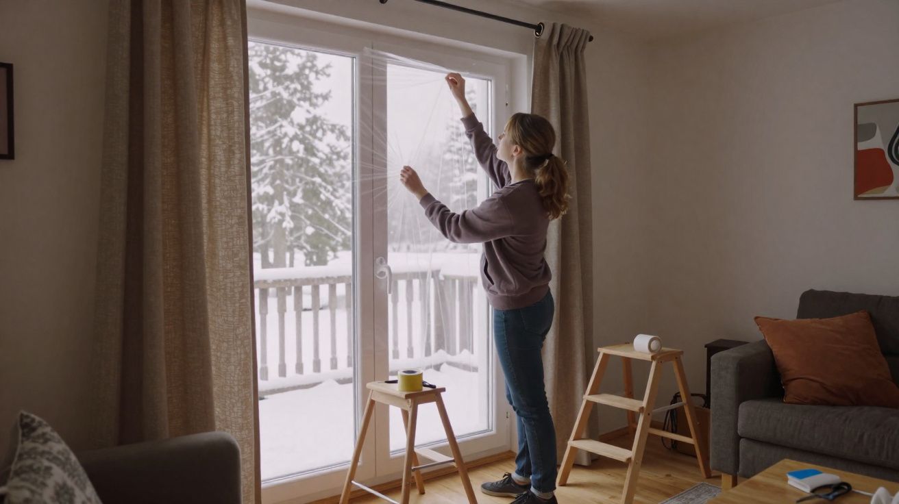 Mulher a colocar cortina de rede em porta de vidro com neve visível no exterior da casa.