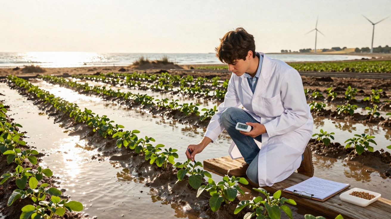 Jovem cientista em bata branca analisando plantas cultivadas em fileiras alagadas junto ao mar ao pôr do sol.