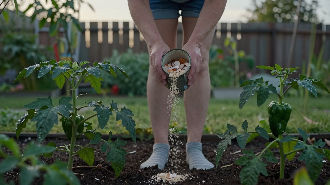 Pessoa a espalhar cascas de ovos esmagadas numa horta caseira com plantas verdes e solo húmido.