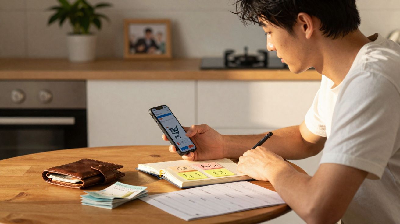 Jovem sentado numa mesa a fazer compras online e a tomar notas, com carteira e dinheiro ao lado.
