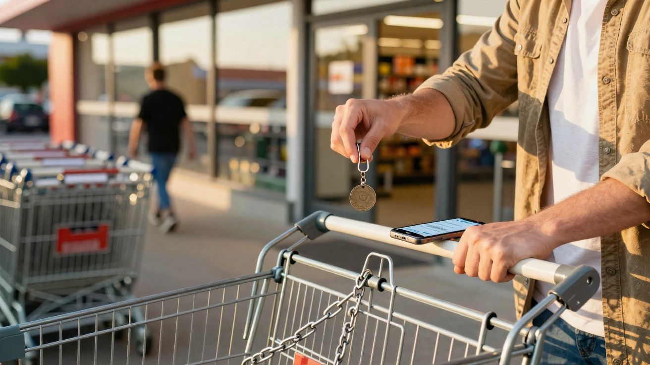 Pessoa a inserir moeda para libertar carrinho de compras na entrada de supermercado ao ar livre.