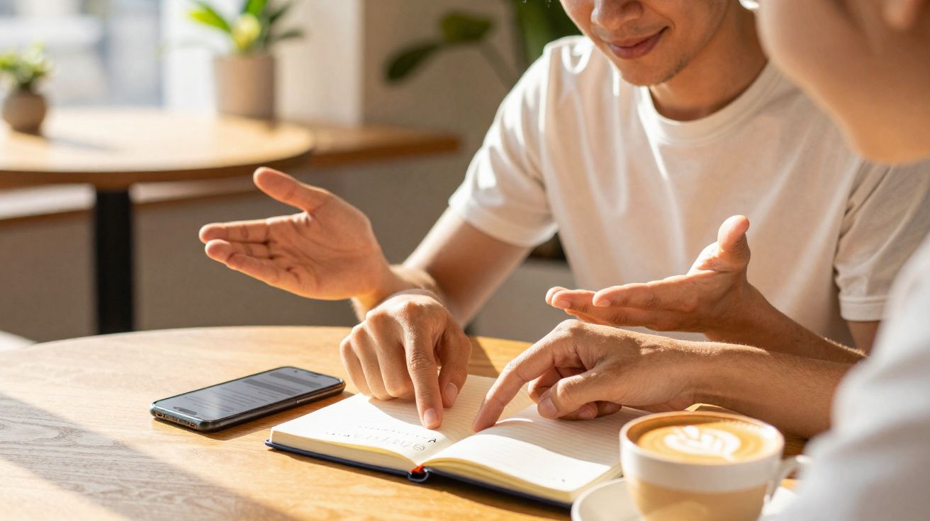 Duas pessoas discutem e apontam para um caderno aberto numa mesa com telemóvel e café.