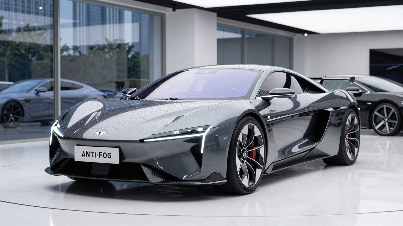 Carro desportivo cinzento metálico estacionado em chão branco num showroom moderno.