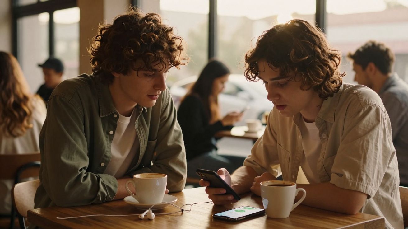 Dois jovens sentados numa mesa de café a compartilhar música com um telemóvel e duas canecas de café.