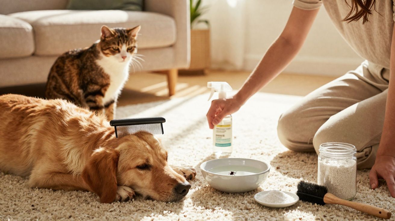 Cão deitado com pente nas costas e gato observando, enquanto pessoa prepara produtos para controlo de pulgas.