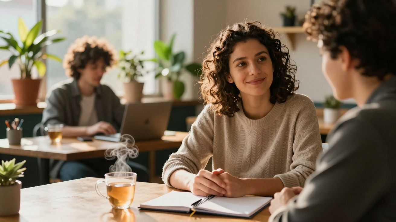 Mulher sorridente conversa com homem numa mesa, chá quente à frente, ambiente de café tranquilo com plantas.