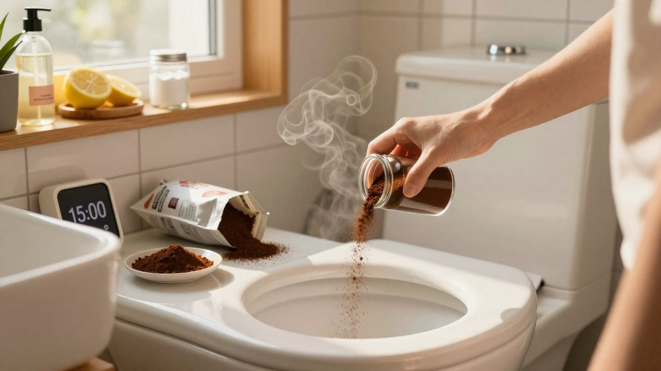 Pessoa a deitar café moído numa sanita branca numa casa de banho iluminada pela luz natural.