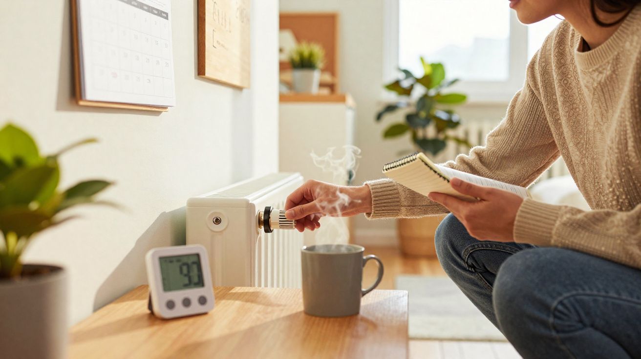 Pessoa ajusta a temperatura do aquecedor numa sala com plantas e uma chávena de bebida quente.