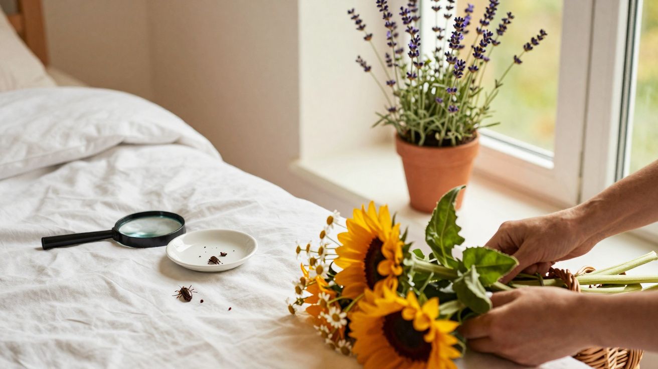 Pessoa a segurar flores ao lado de cama com lupa, insecto e vaso de lavanda na janela.