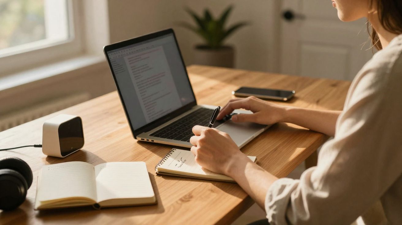 Pessoa a trabalhar num computador portátil numa mesa de madeira com caderno, telemóvel e auscultadores.