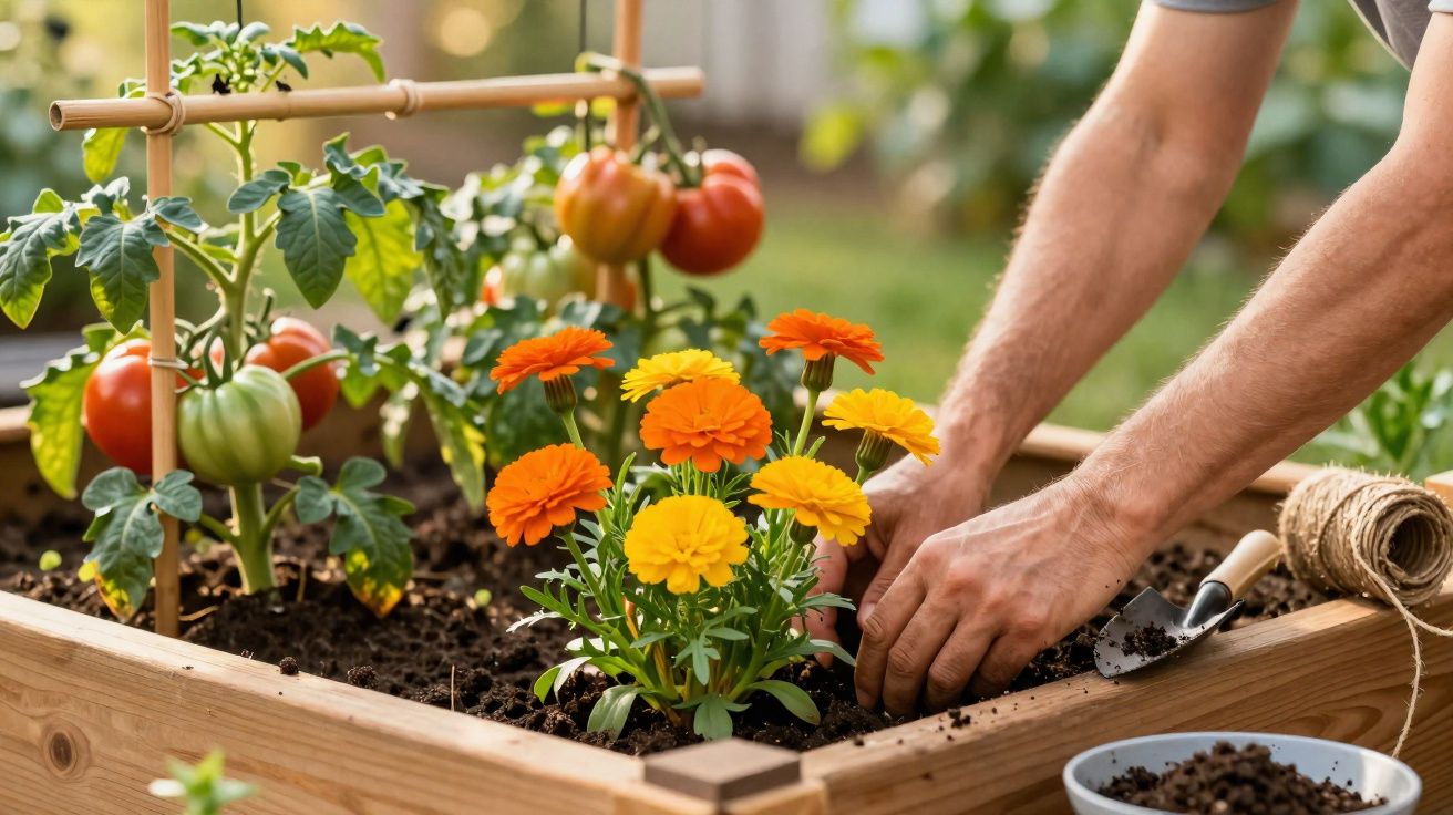 Pessoas a plantar flores amarelas e laranjas numa horta com tomates maduros e verdes.