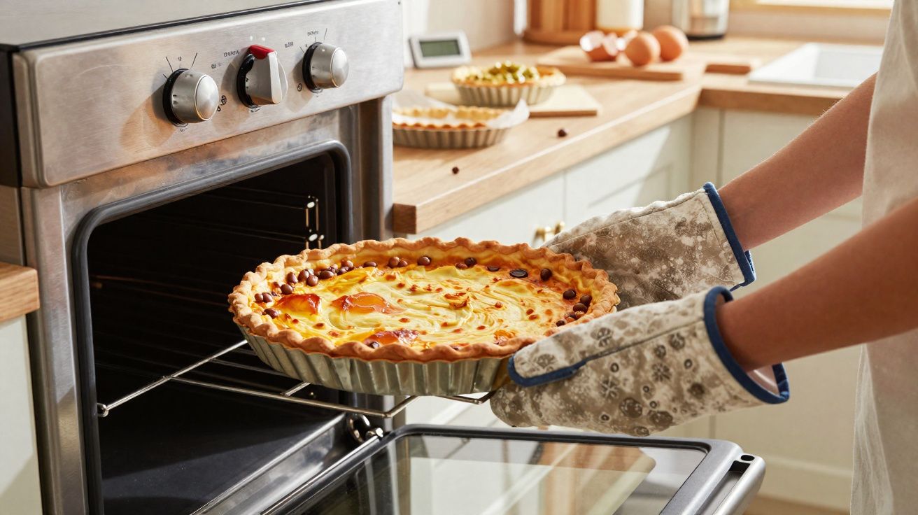 Pessoa com luvas de forno a retirar tarte dourada do forno numa cozinha moderna iluminada.