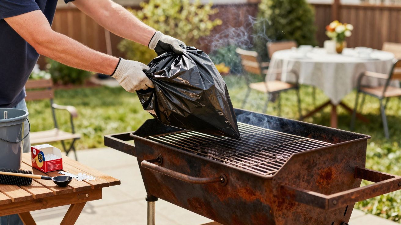 Pessoa a colocar saco de carvão fumegante numa grelha de barbecue no jardim.