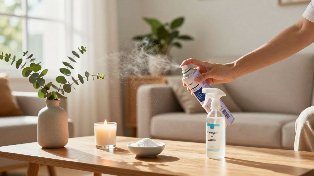 Mão a borrifar spray aromatizador num ambiente com vela, planta e frasco com vinagre e água em mesa de madeira.